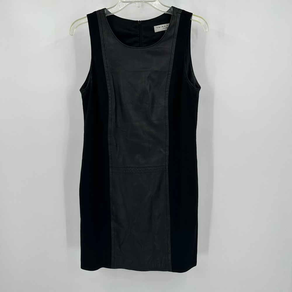Trina Turk Womens Edgy Moto Leather Mixed Media Shift Dress Size 6‎ Black Biker